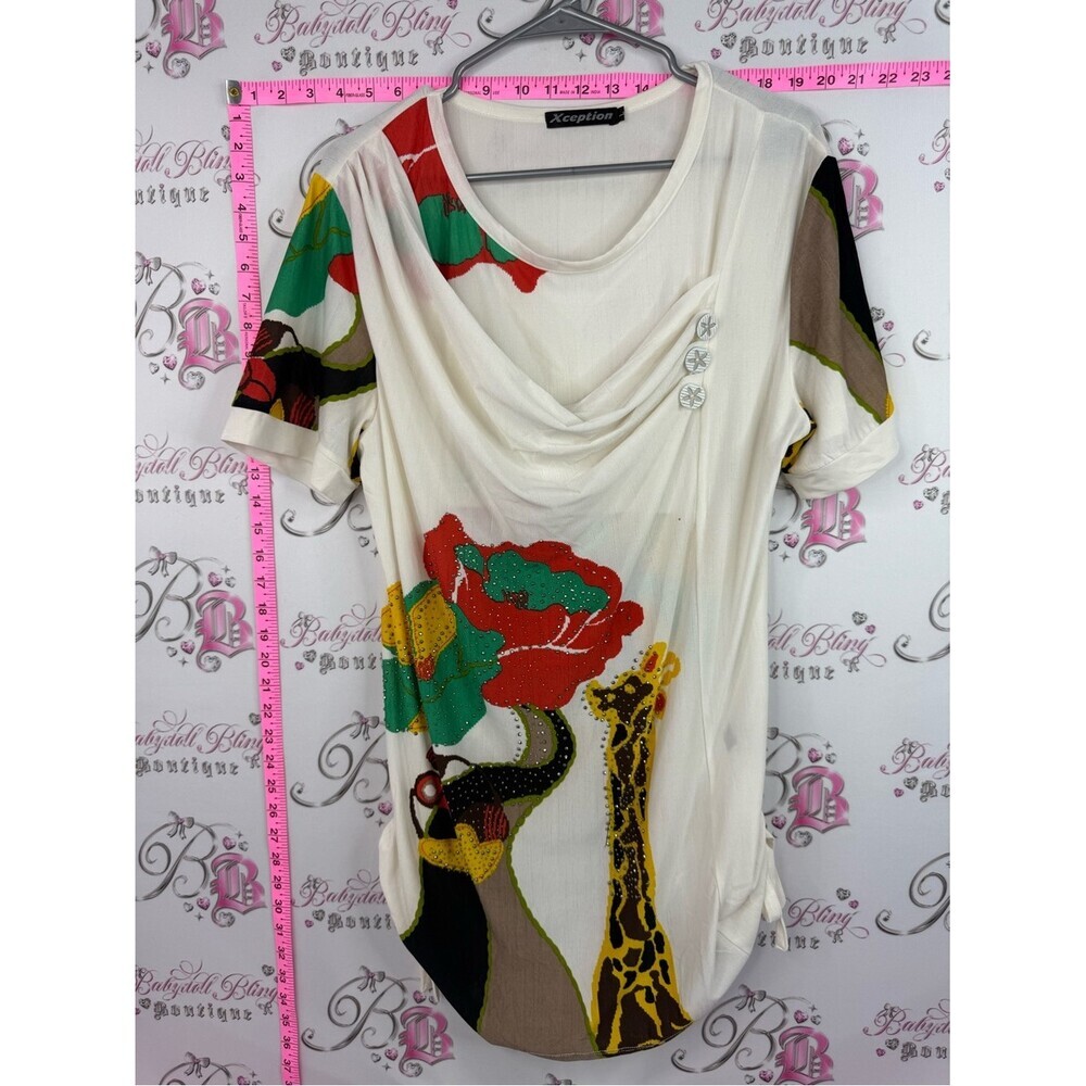 T-shirt rhinestone Ivory Floral & Giraffe Print Draped Women's Top
